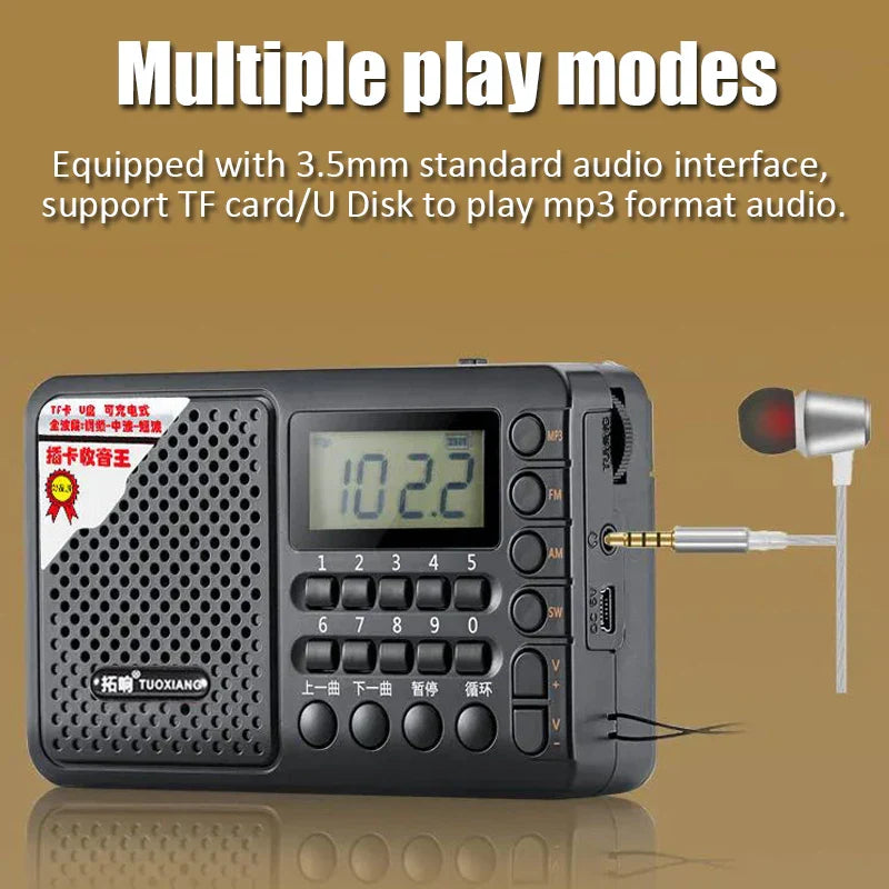 Black plastic band radio portable full band receiver rechargeable radio with lcd display and 3.5mm headphone jack