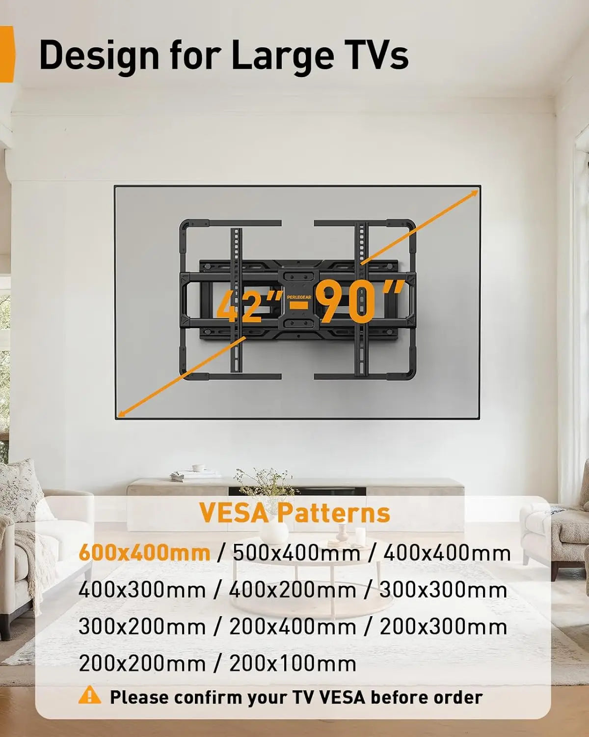 Black metal full motion tv wall mount with tilt swivel extension and music sync for 42-90 inch tvs up to 150 lbs