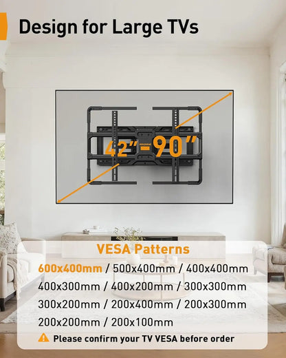 Black metal full motion tv wall mount with tilt swivel extension and music sync for 42-90 inch tvs up to 150 lbs