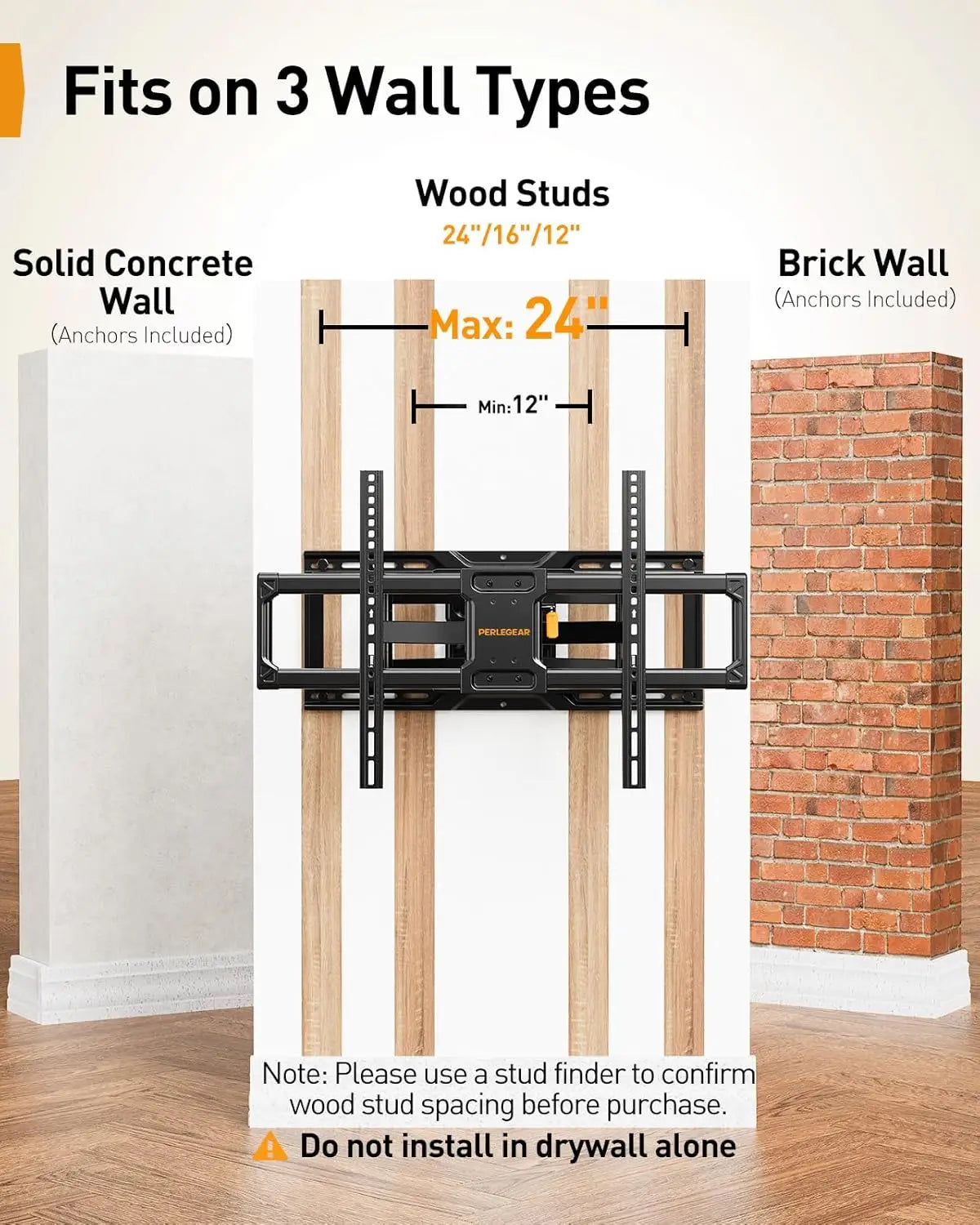 Black metal full motion tv wall mount with tilt swivel extension and extension music sync for 42-90 inch tvs