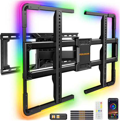 Black perlegear full motion tv wall mount with adjustable arms rgb led lights tilt swivel extension music sync