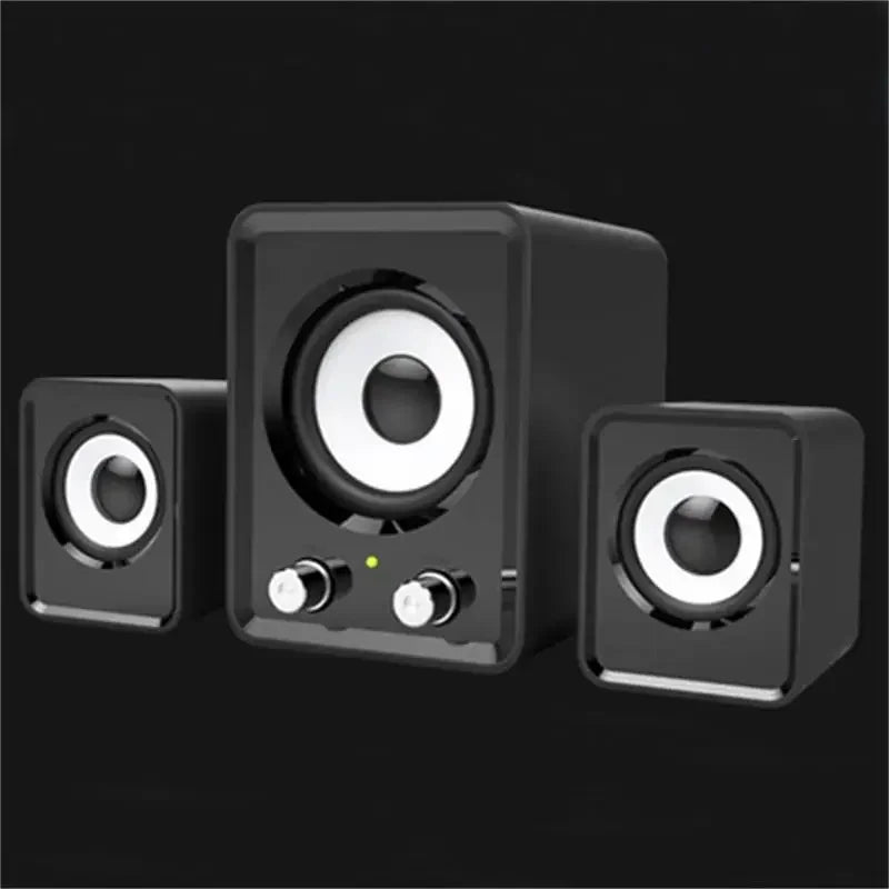 Black full-range speakers3-in-1 stereo loud speakerswireless bluetooth system with white drivers and silver control knobs