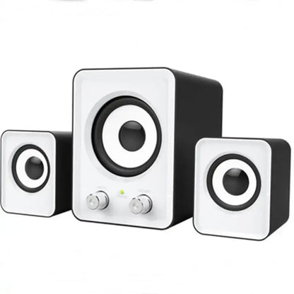 Black and white full-range speakers3-in-1 stereo loud speakerswireless with silver knobs and green power indicator bass speaker system