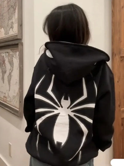 Black full zip up hoodie with bold white spider man logo on back featuring punk gothic y2k streetwear harajuku graphic oversized jacket hood