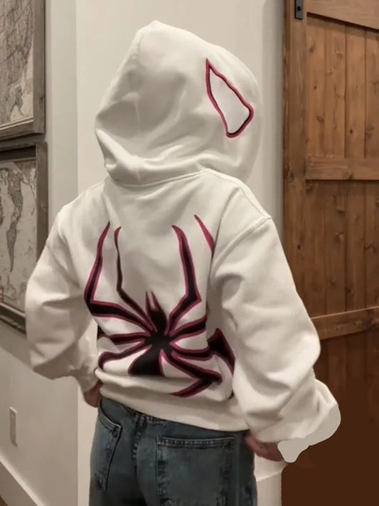 White spider-gwen full zip up hoodie with black and magenta spider design on back oversized jacket hood streetwear harajuku graphic punk gothic y2k