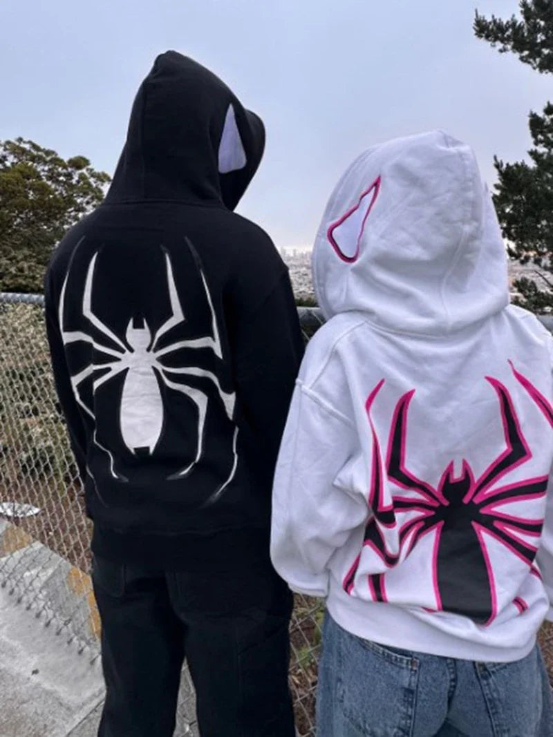 Black and white full zip up spider hoodies with bold spider graphics featuring punk gothic y2k streetwear harajuku style oversized jacket hood