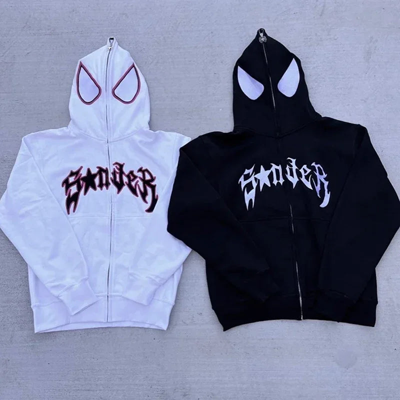 White and black spider-man themed full zip up hoodies with eye-shaped hoods and sander lettering in punk gothic y2k style streetwear harajuku graphic oversized jacket hood