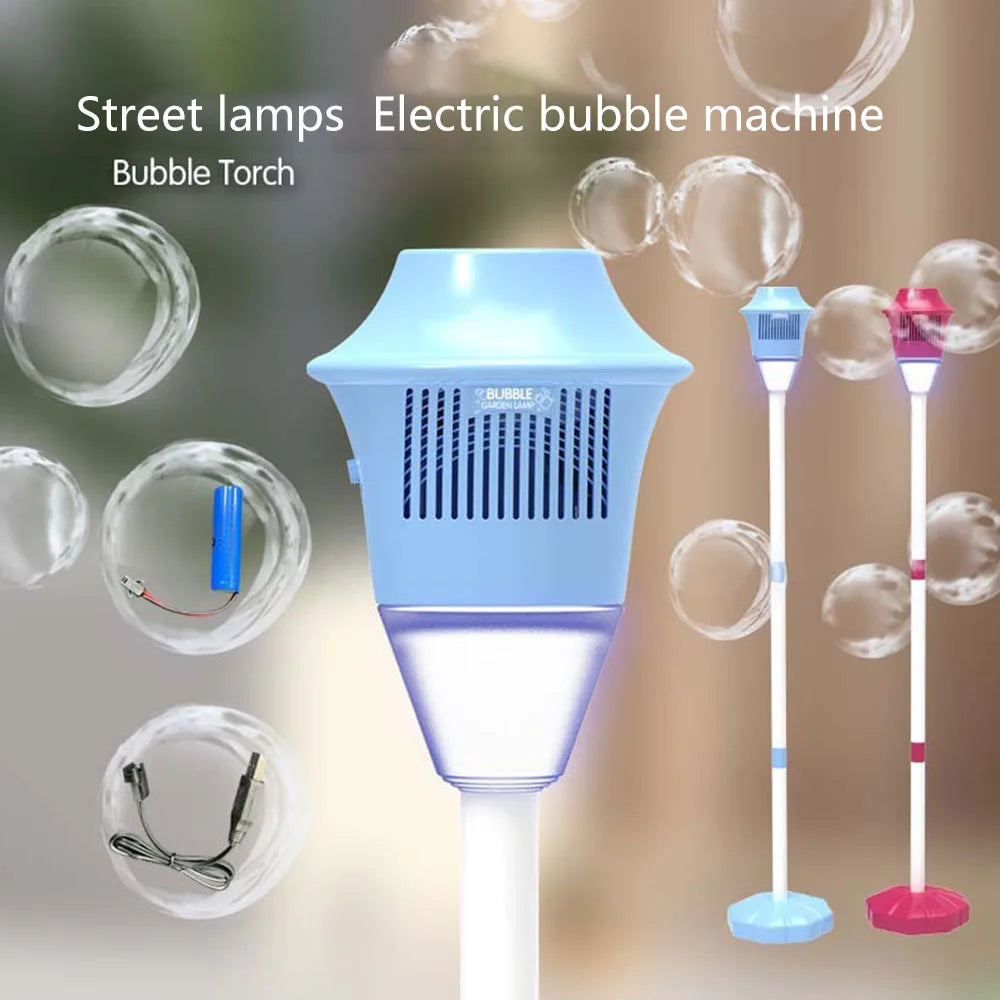 Light blue electric bubble machine street with glowing led lights for music lighting using battery bubble water outdoors