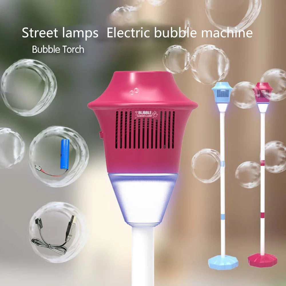 Pink plastic fully automatic bubble machine street light with glowing white base and machine music lighting feature