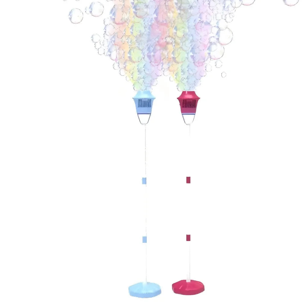 Two colorful fully automatic bubble machine street toys in light blue and magenta with machine music lighting and battery bubble water features