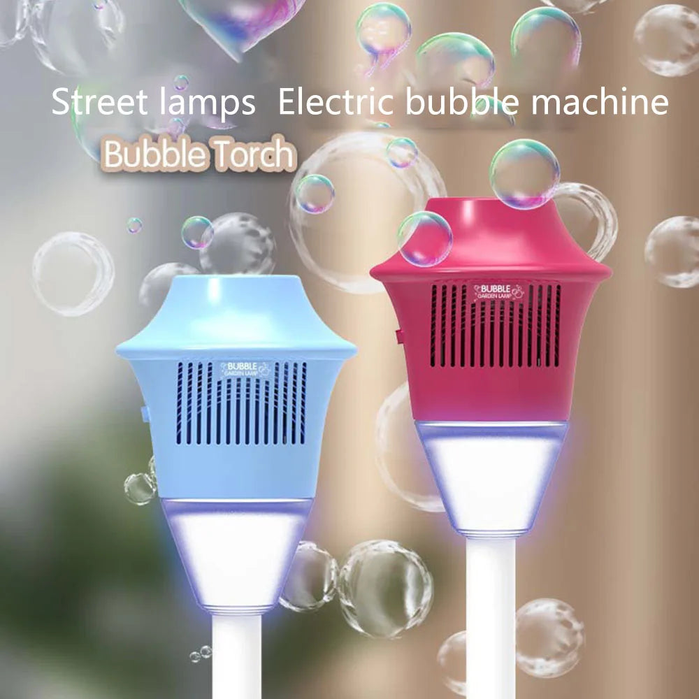 Two colorful bubble machine street torches in light blue and vibrant pink with plastic body and music lighting features