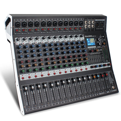 Black fuluode mx-12 audio mixer with digital display, colored knobs, 48v phantom power and usb flash drive support