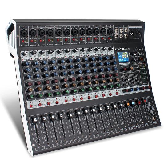 Black fuluode mx-12 audio mixer with digital display, colored knobs, 48v phantom power and usb flash drive support