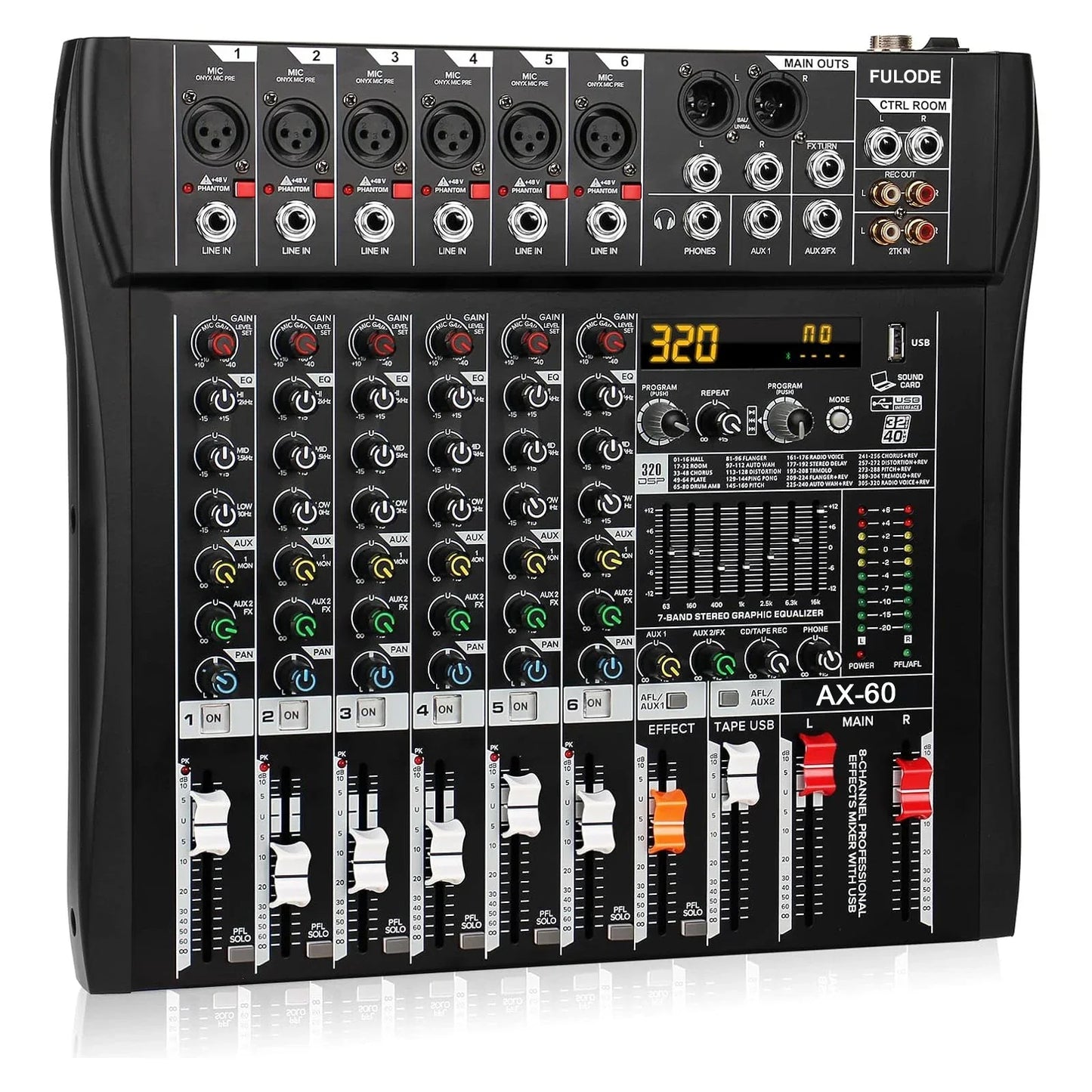 Black fuluode ax-60 professional mixer control sound mixing board with multiple input jacks and digital display 320 dsp effects