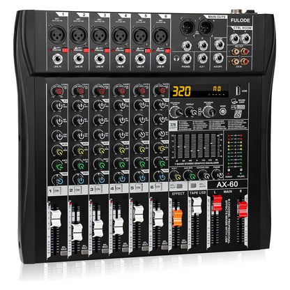 Black fuluode ax-60 professional mixer control sound mixing board with multiple input jacks and digital display 320 dsp effects