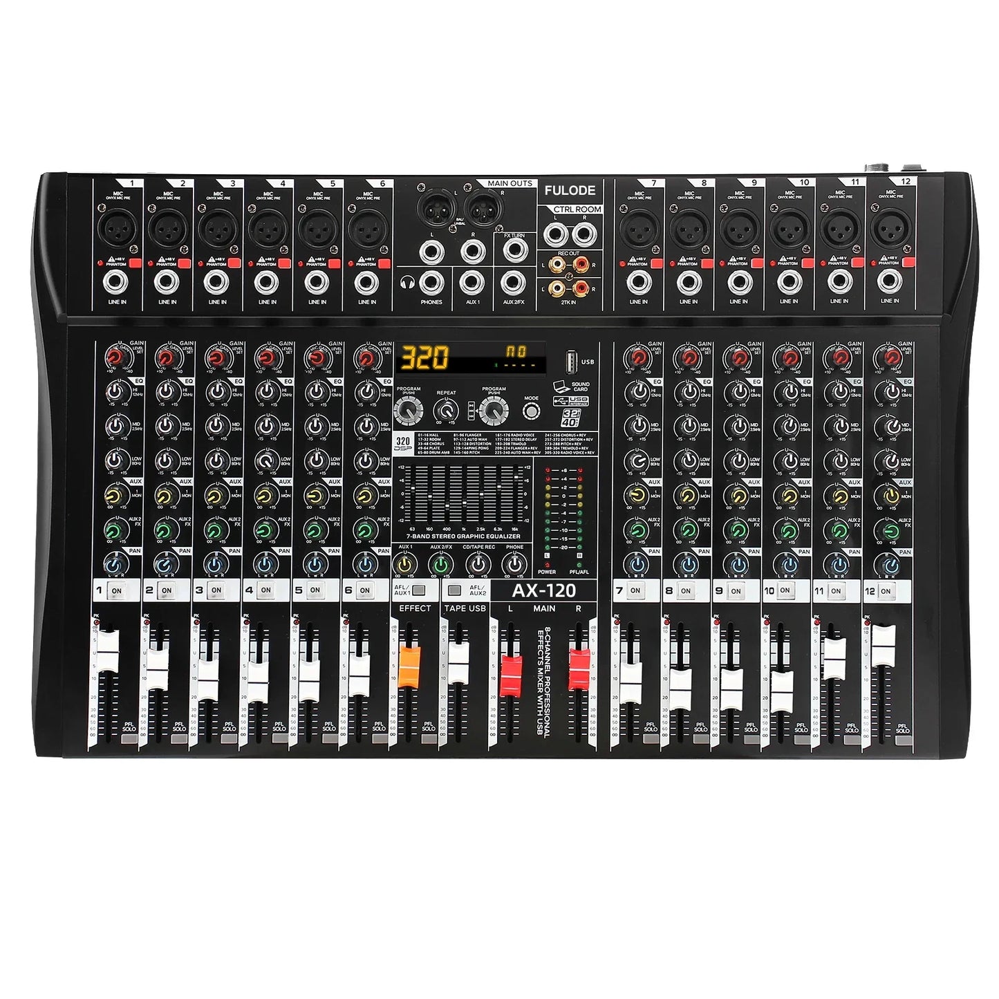 Black fuluode ax-120 12-channel professional mixer control sound mixing board with colorful knobs and mixing board usb
