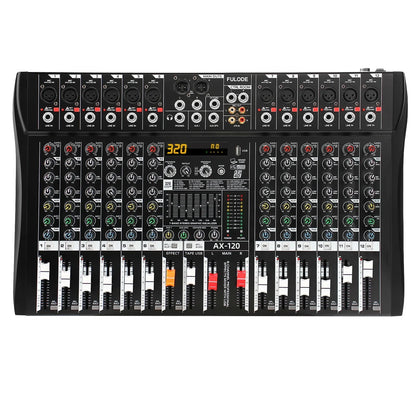 Black fuluode ax-120 12-channel professional mixer control sound mixing board with colorful knobs and mixing board usb