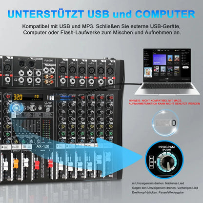 Black fuluode ax-120 professional mixer control with 12 channels 320 dsp effects 7-band eq and mixing board usb ports