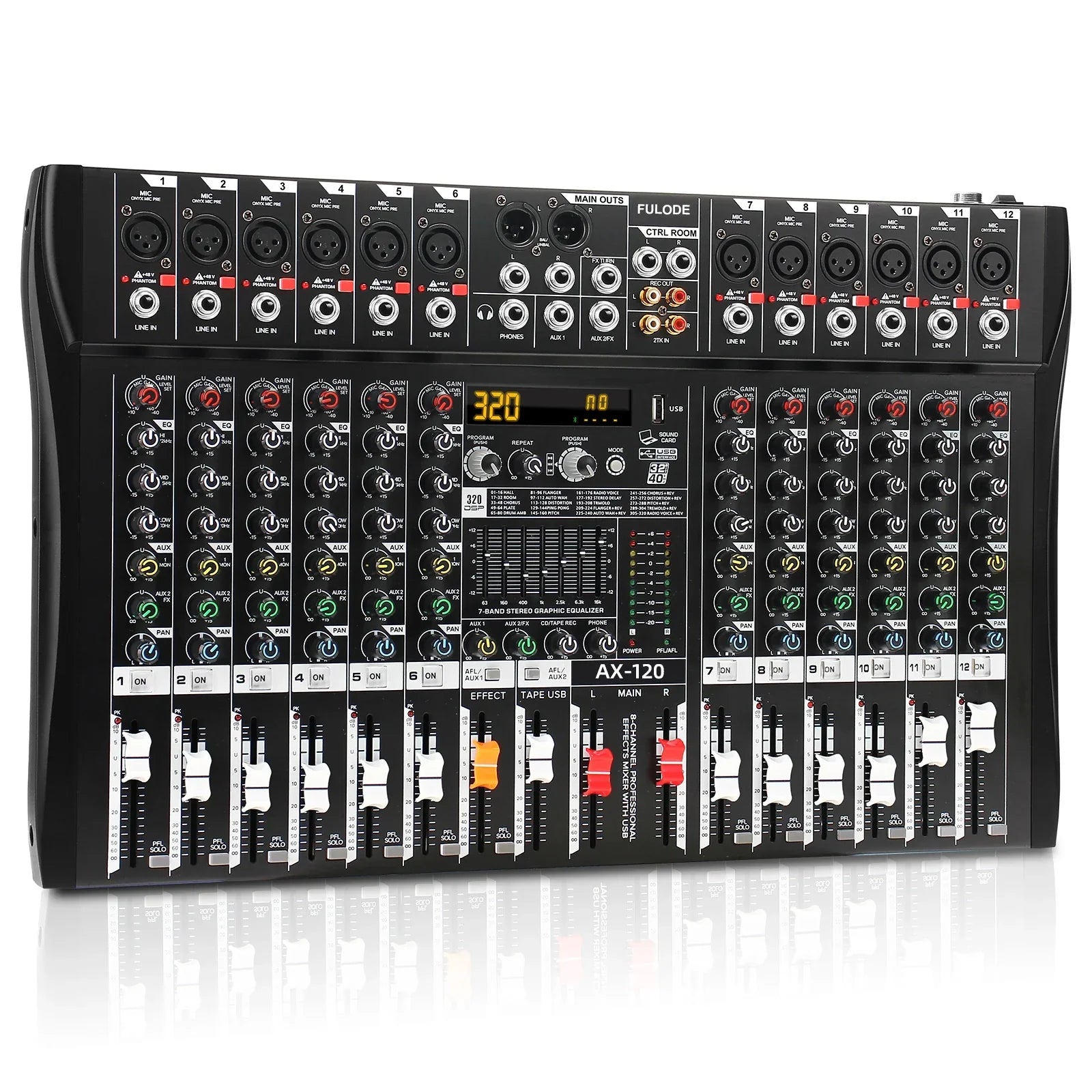 Black fuluode ax-120 professional mixer control with 12 channels dsp effects 320 display and mixing board usb inputs and knobs