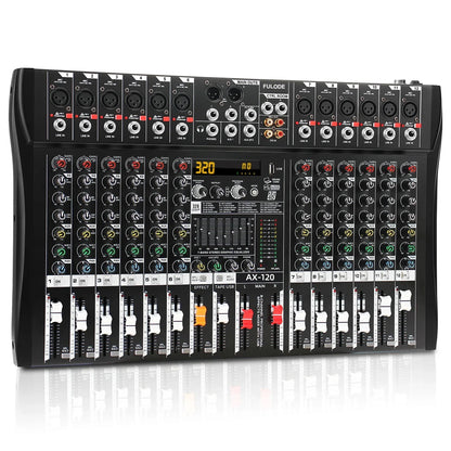 Black fuluode ax-120 professional mixer control with 12 channels dsp effects 320 display and mixing board usb inputs and knobs