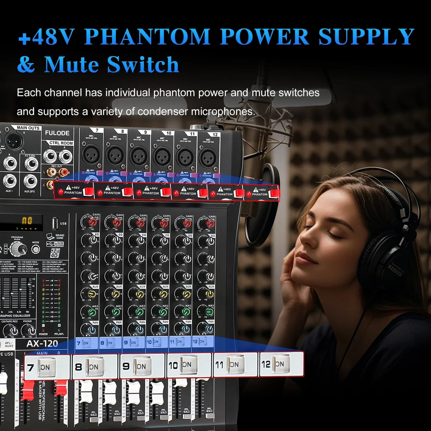 Black fuluode ax-120 professional mixer control with red and white phantom power switches sound mixing board usb