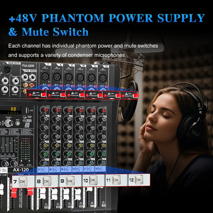 Black fuluode ax-120 professional mixer control with red and white phantom power switches sound mixing board usb