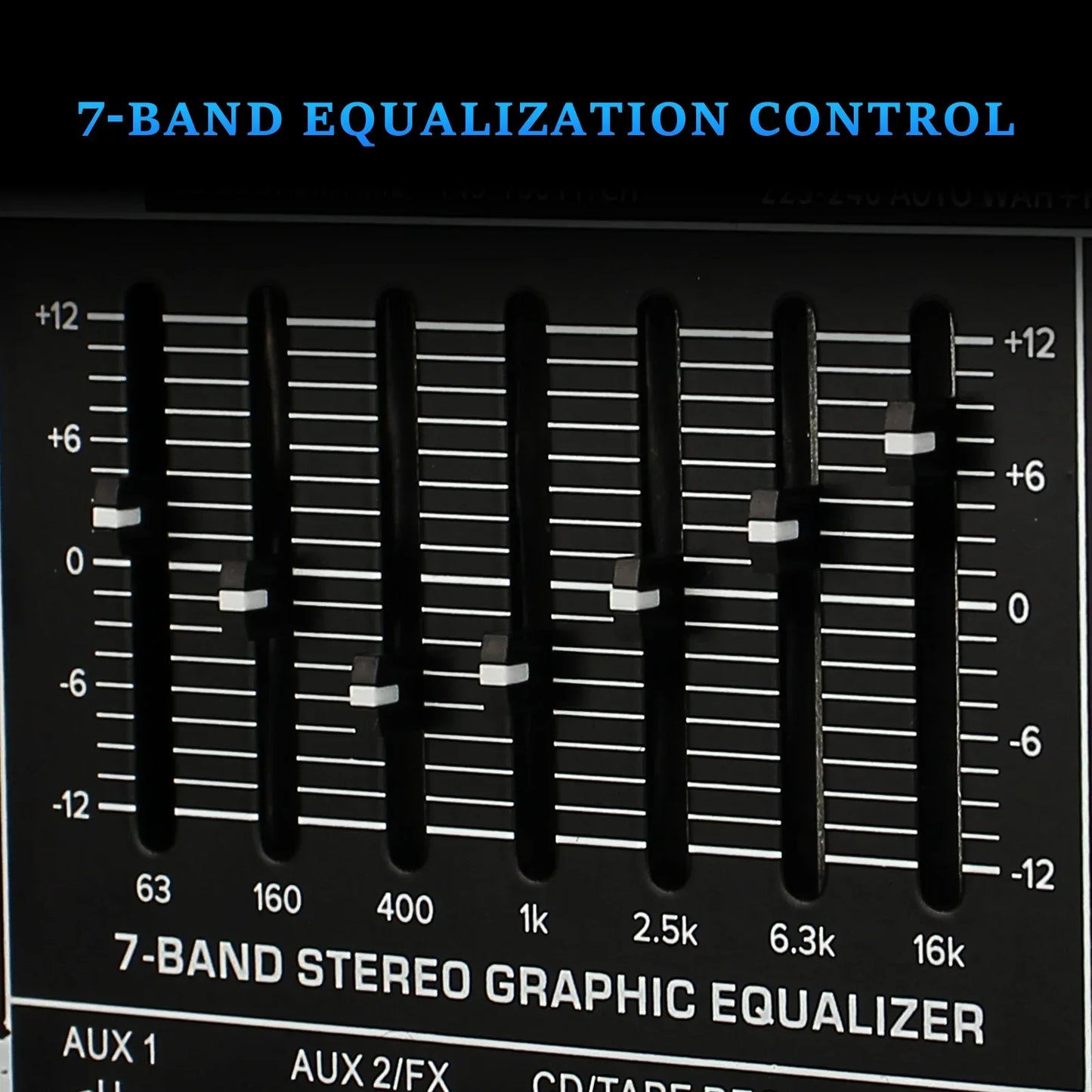 Black 7-band stereo graphic equalizer with white刻度 markings and sliders on fuluode ax-120 professional mixer control board with usb