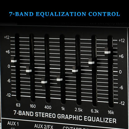 Black 7-band stereo graphic equalizer with white刻度 markings and sliders on fuluode ax-120 professional mixer control board with usb