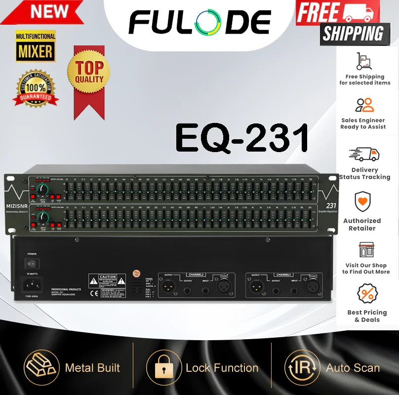 Black metal fuluode eq-231 graphical equalizer with 31-band sliders and dual channel inputs for professional dj use