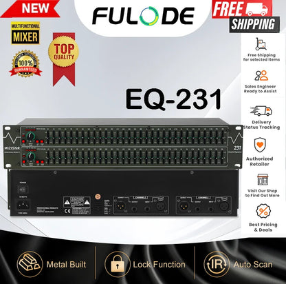 Black metal fuluode eq-231 graphical equalizer with 31-band sliders and dual channel inputs for professional dj use