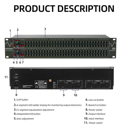 Black fuluode eq-231 graphical equalizer 31-band professional dj equalizer with sliders and control knobs for home audio