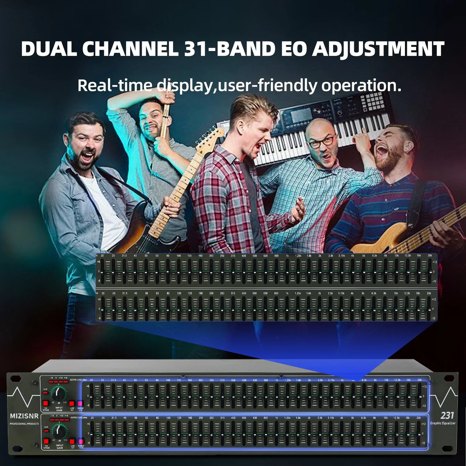 Black fuluode eq-231 graphical equalizer with 31-band eq and blue backlighting for professional dj equalizer use