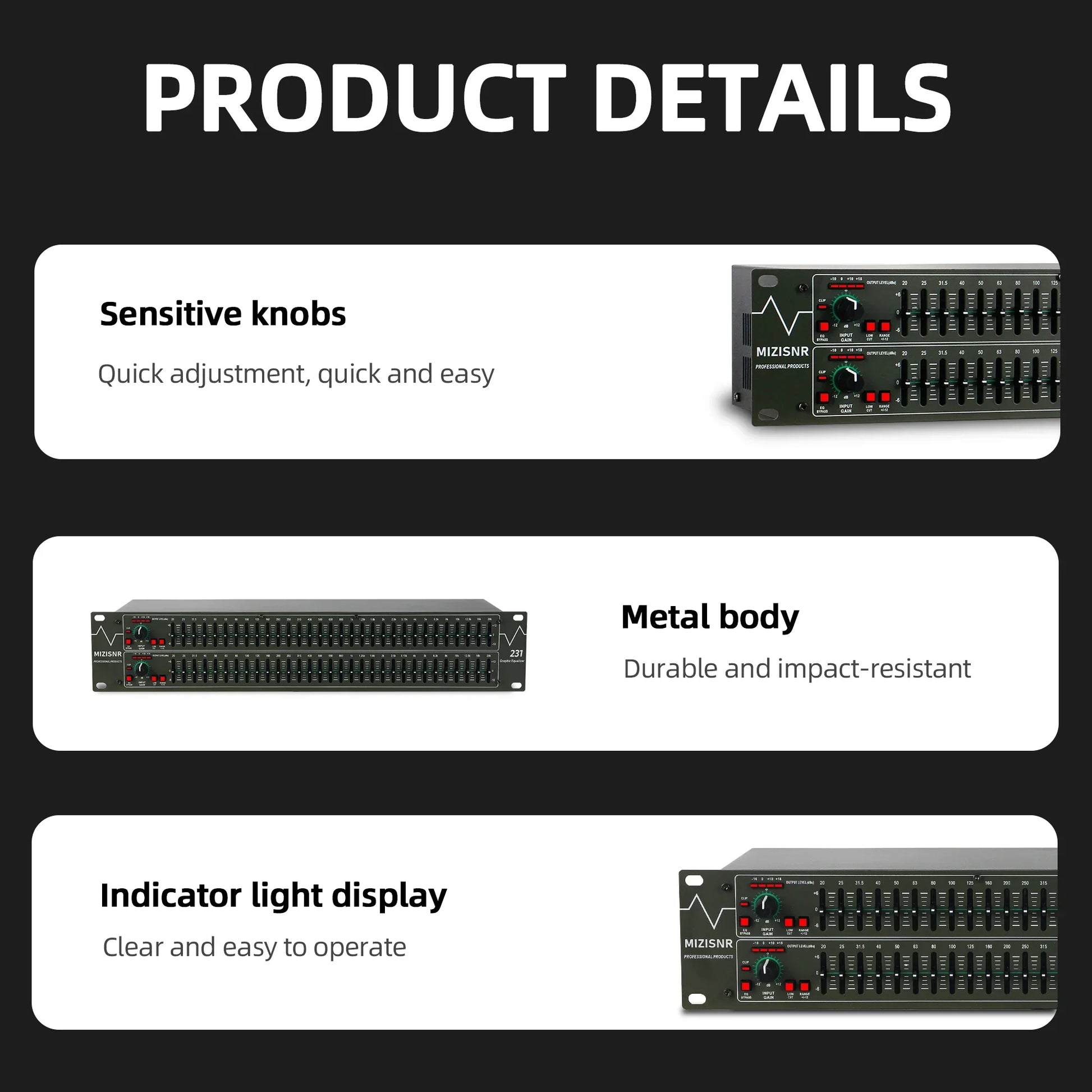 Black fuluode eq-231 graphical equalizer 31-band stereo equalizer with metal body and indicator light for professional dj use