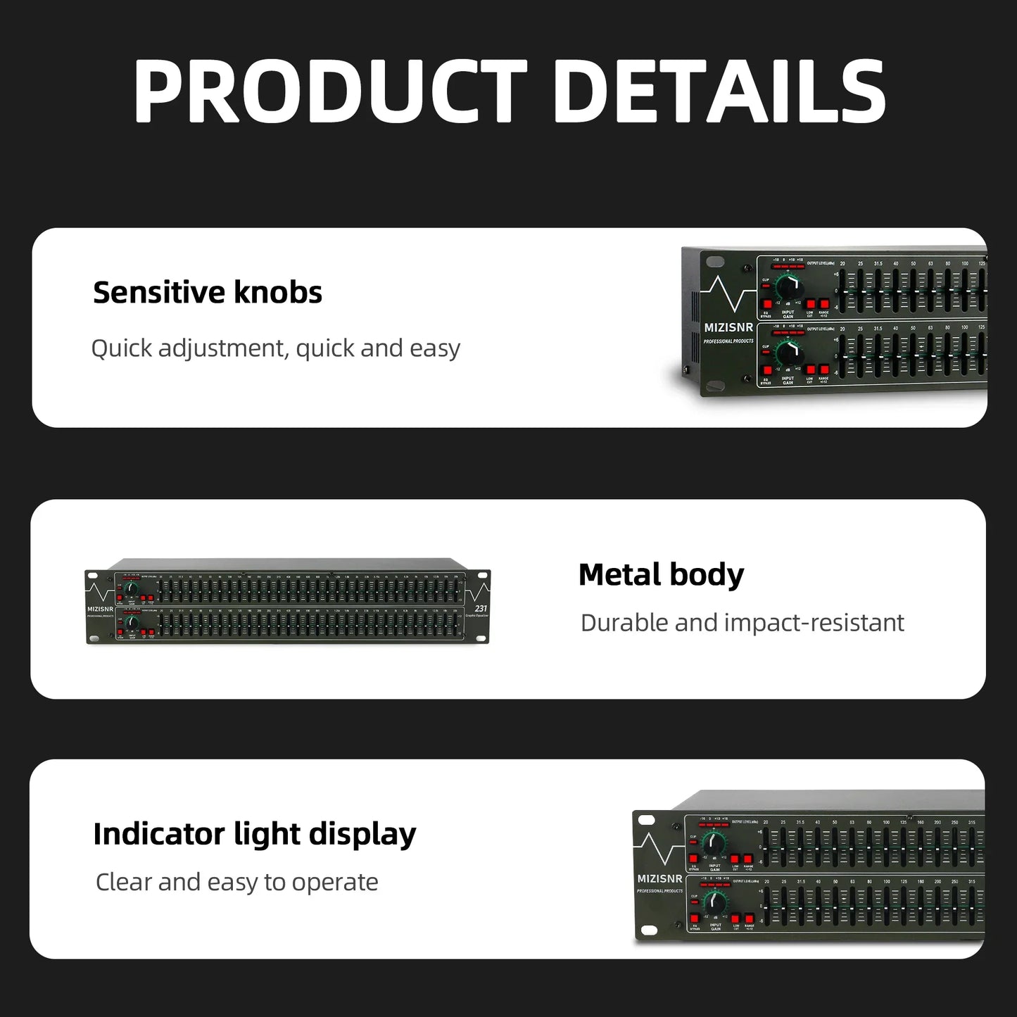 Black fuluode eq-231 graphical 31-band professional dj equalizer with sensitive knobs metal body and indicator lights for home audio dual-channel use