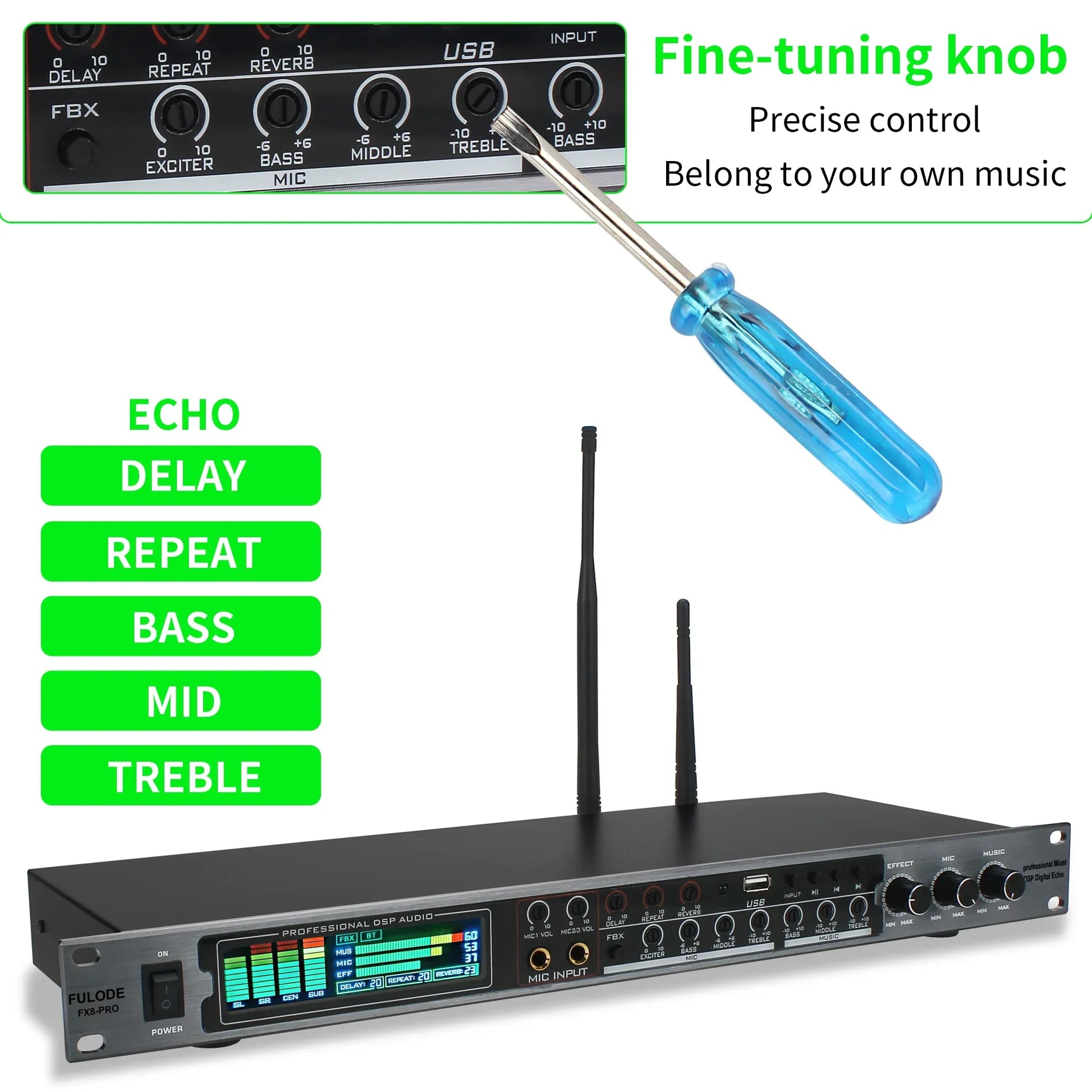 Black fuluode fx8-pro professional ktv wireless audio mixer with two antennas usb input and digital equalizer display