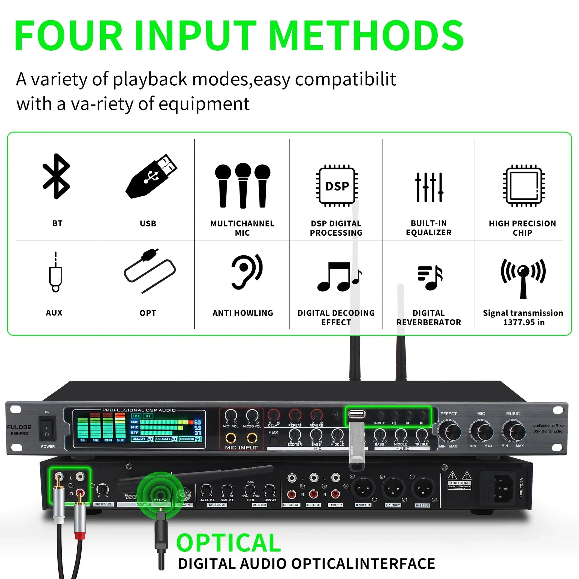 Black professional fx8-pro audio mixer with digital display and multiple input ports for professional ktv wireless effector karaoke sound