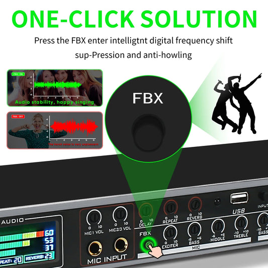 Black FULUODE FX8-PRO professional ktv wireless audio mixer with green-lit fbx button and multiple control knobs for effector karaoke sound