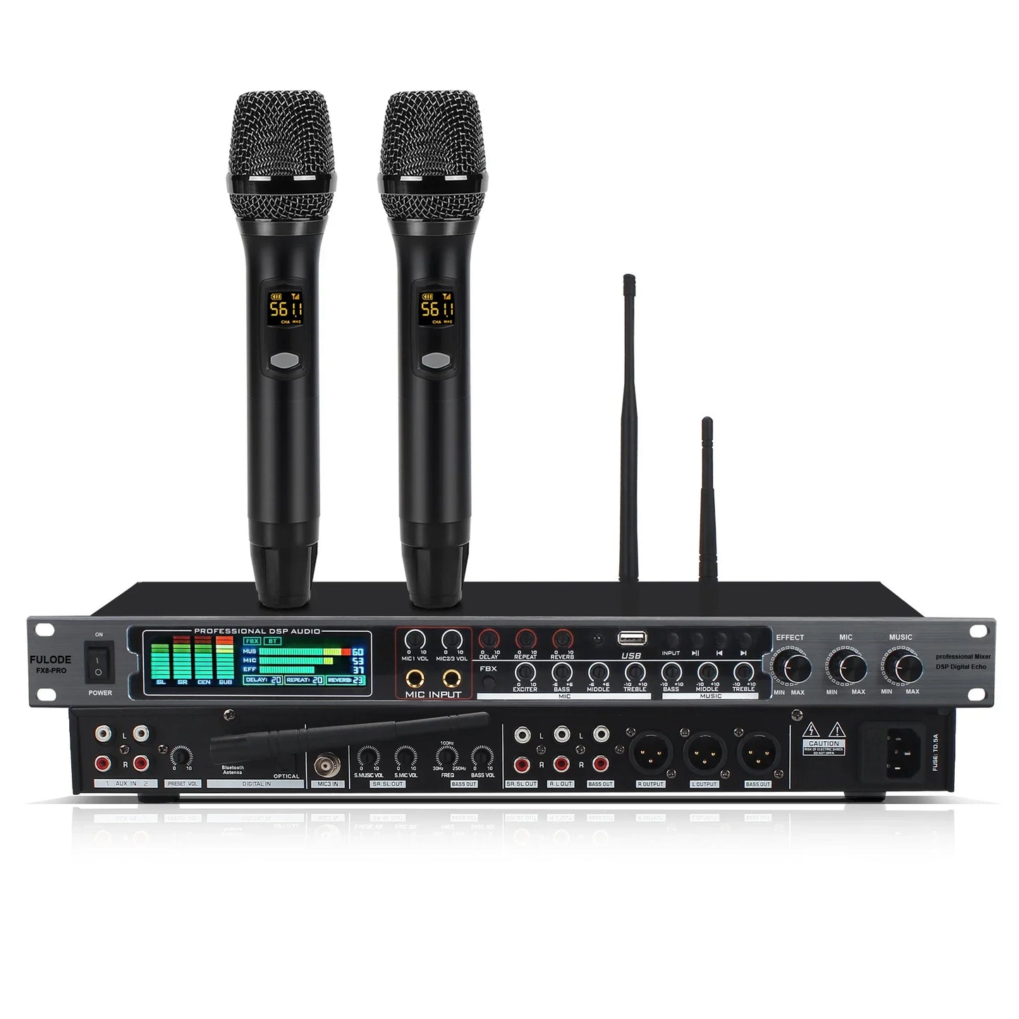 Black professional ktv wireless fuluode fx8-pro microphone system with two handheld mics and digital effector karaoke sound unit
