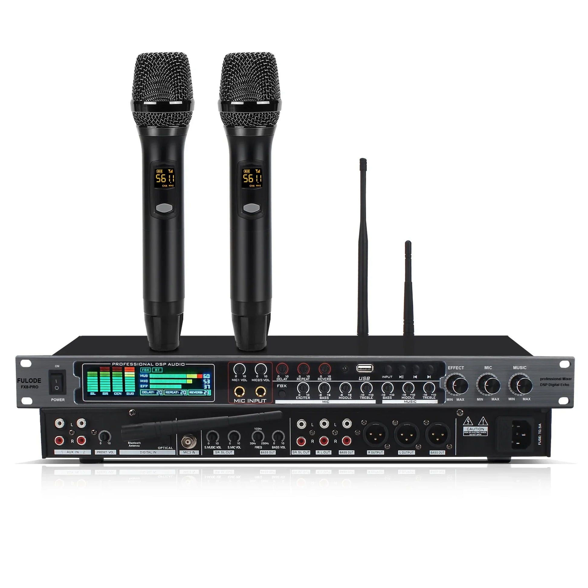 Black professional ktv wireless fuluode fx8-pro microphone system with two handheld mics and digital effector karaoke sound unit