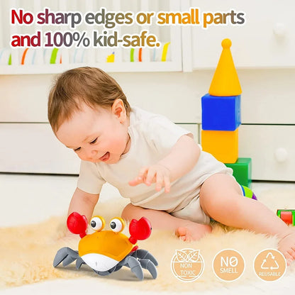 Bright orange and red plastic fun crab toy with gray legs for crawling avoiding obstacles and music baby walking play