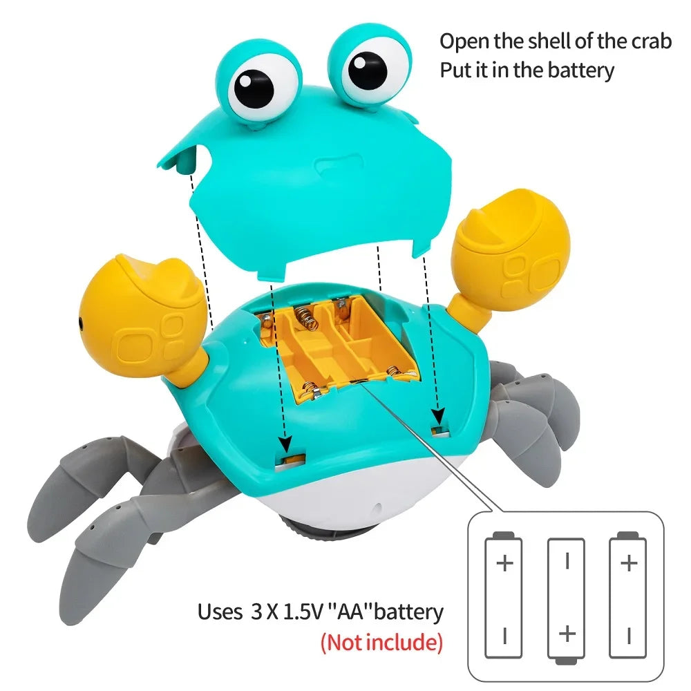 Turquoise and yellow fun crab toy with gray legs and large eyes for crawling avoiding obstacles music baby walking play