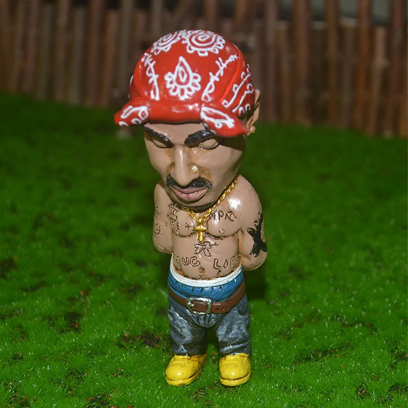 Red bandana-patterned resin statue of a hop rapper funny bro tattooed man in blue jeans and yellow shoes for decoration
