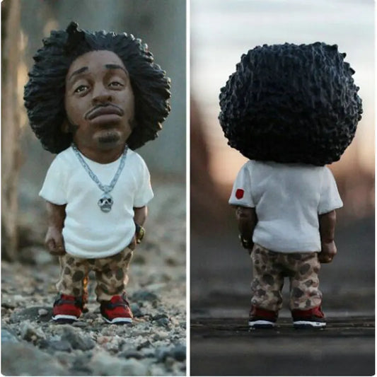 Black afro-haired hop rapper funny resin statue figurine wearing white t-shirt camouflage pants and red sneakers for decor