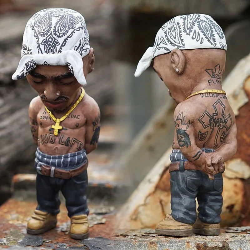 Two detailed resin statues of tupac amaru shakur with white paisley bandanas as hop rapper funny bro figurines