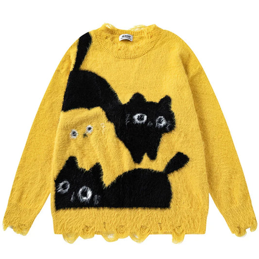 Yellow fuzzy knit sweater featuring a playful black cat design with white eyes in a unisex oversized hip hop style