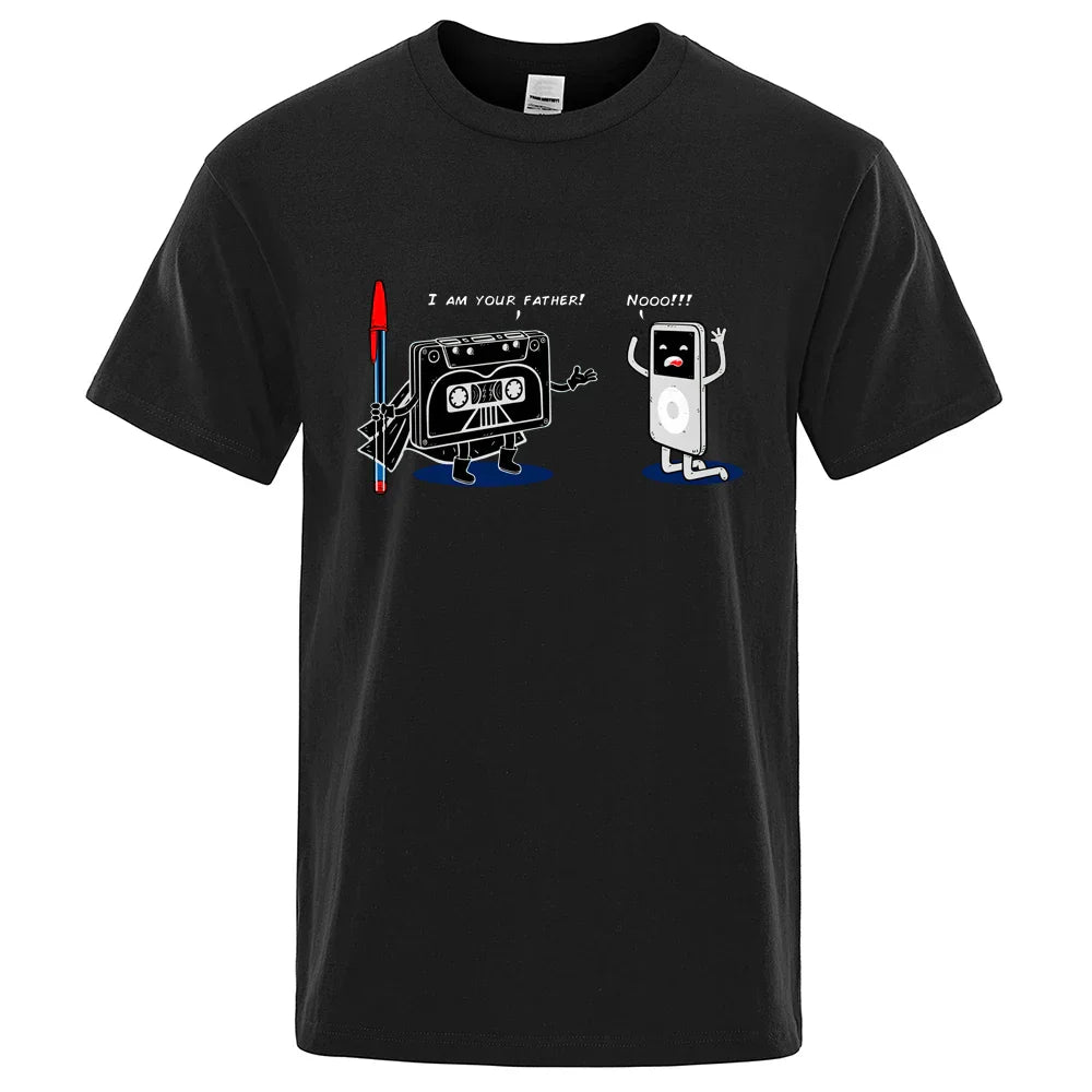 Black cotton crewneck t-shirt featuring funny music player graphic perfect hip hop tee male tops summer loose fit