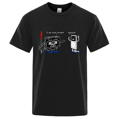 Black cotton crewneck t-shirt featuring funny music player graphic perfect hip hop tee male tops summer loose fit