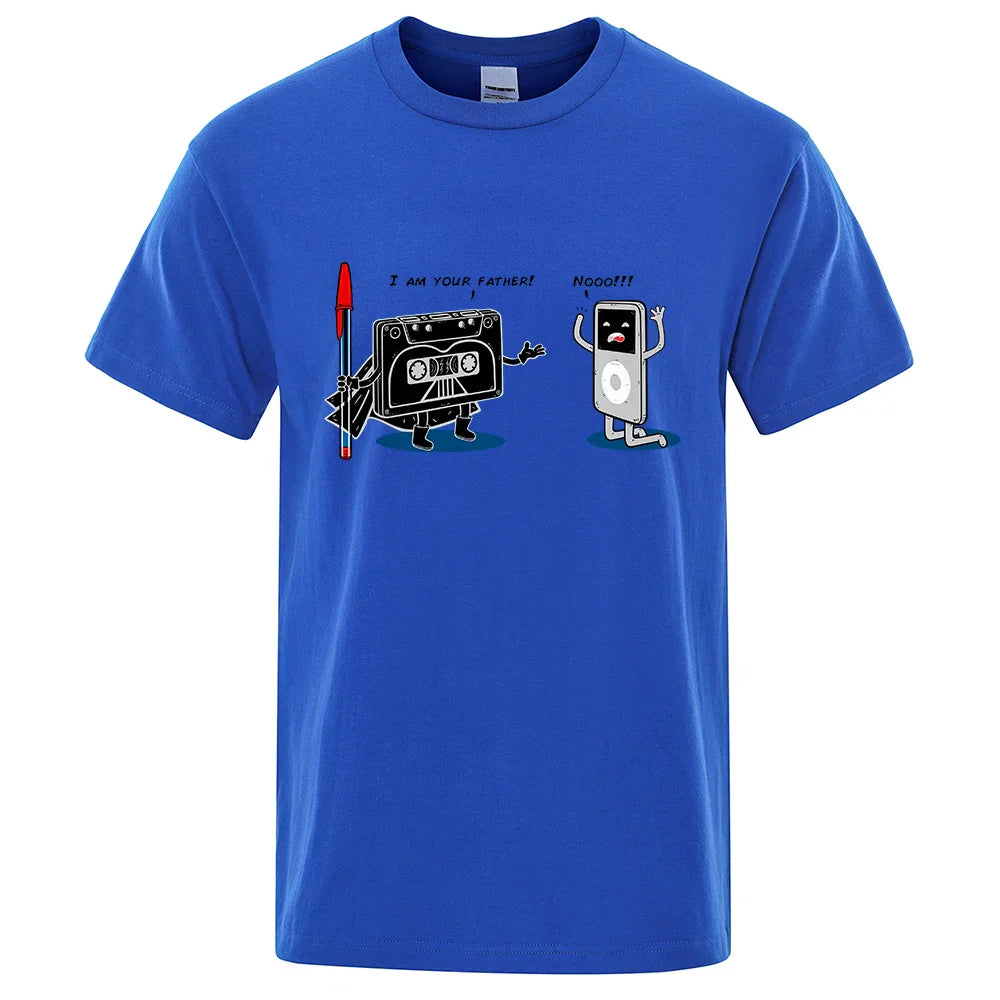 Blue cotton funny music player hip hop tee male tops summer loose t-shirt with cartoon cassette tape graphic
