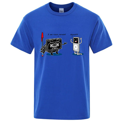 Blue cotton funny music player hip hop tee male tops summer loose t-shirt with cartoon cassette tape graphic