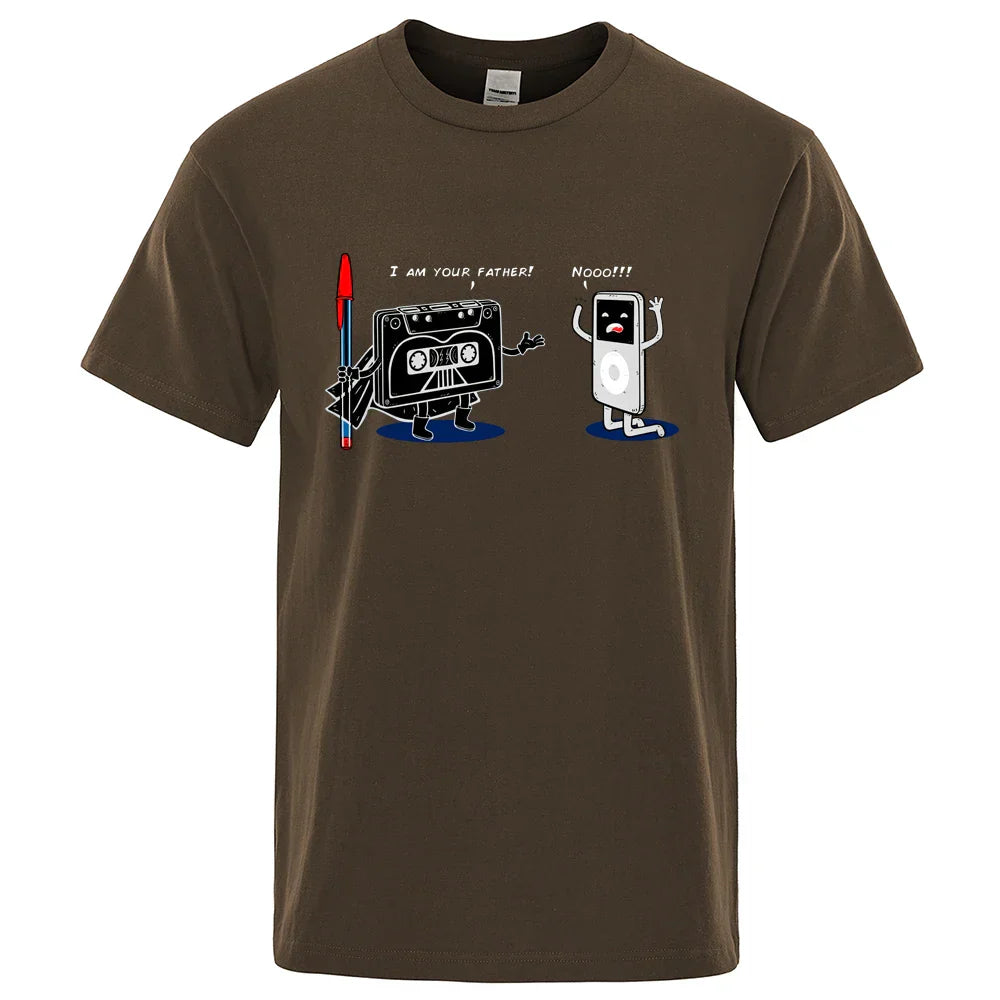 Brown cotton crewneck t-shirt with funny music player cartoon graphic, perfect hip hop tee and male tops summer wear